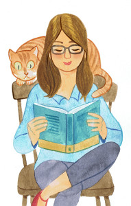 Hand-drawn image of me with a book at a cat